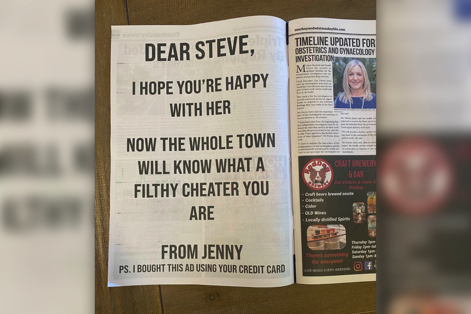 In riesigen Buchstaben verkündete Jenny, dass Steve ihr untreu war.