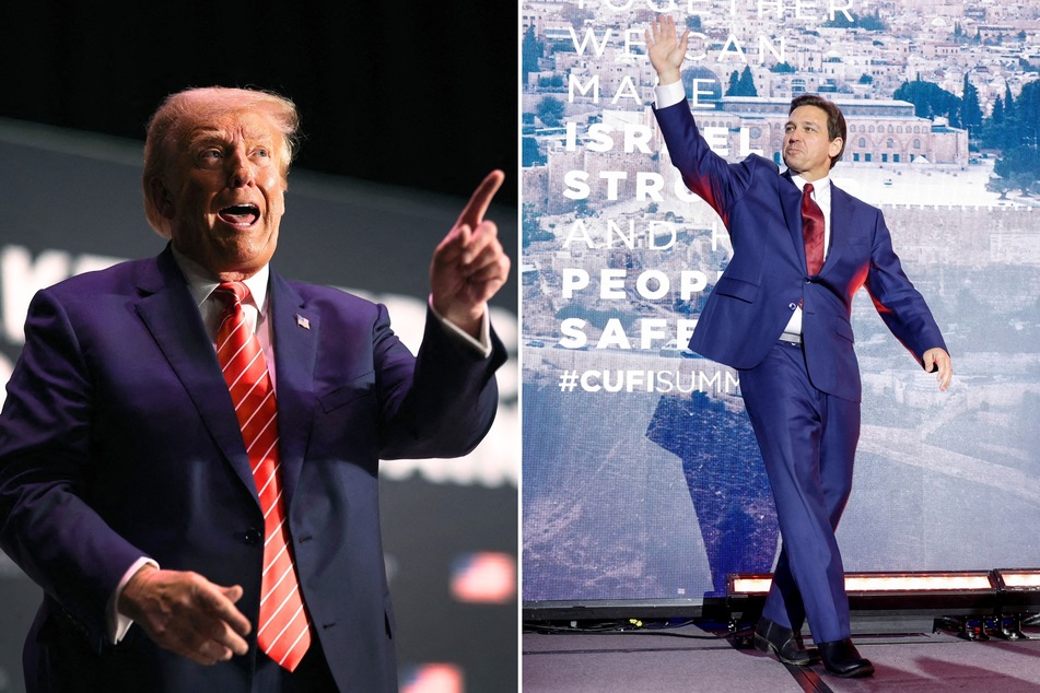 Donald Trump (l) and his campaign have mocked Ron DeSantis after he denied an internet conspiracy theory that claims he puts lifts in his shoes.