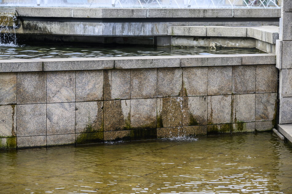 Die Einfassung des Brunnens ist undicht. Das Wasser quillt durch die Fugen.