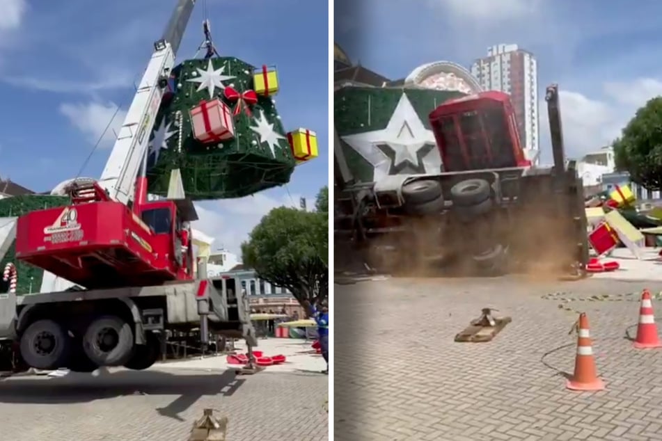 Als der Autokran plötzlich umstürzte, wurde der Arbeiter vom Weihnachtsbaum-Segment erschlagen.