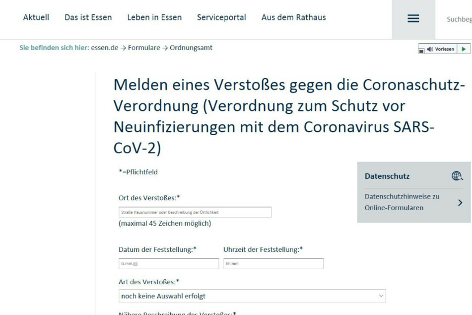 Der Stein des Anstoßes: Das Onlineformular der Stadt Essen, über welches Verstöße gegen die geltenden Corona-Maßnahmen gemeldet werden können. Berlin will auf ein solches Vorgehen verzichten.