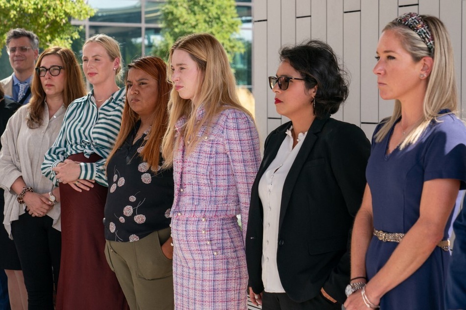 From l. to r.: Plaintiffs Damla Karsan, Austin Dennard, Samantha Casiano, Taylor Edwards, Center for Reproductive Rights attorney Molly Duane, and Amanda Zurawski attend a press conference outside the Travis County Courthouse in Austin, Texas.