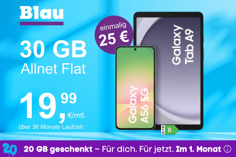 Das Samsung Galaxy A56 + Tab A9 im Blau Allnet L für einmalig 25 Euro.