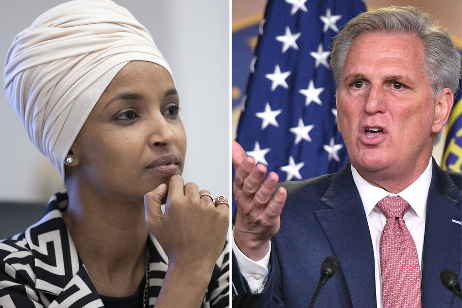 Kevin McCarthy (r) vowed to remove Ilhan Omar (l) and other prominent Democrats from committees if he's elected as House Speaker.