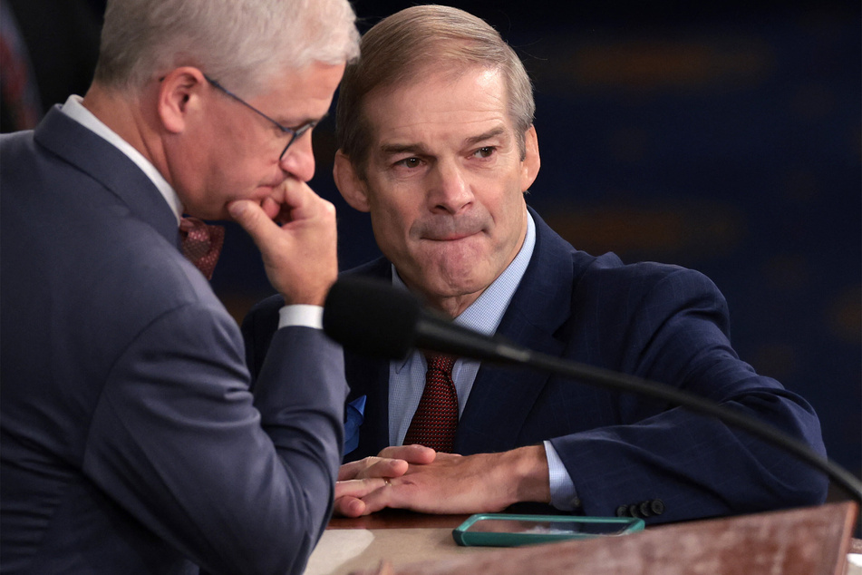 Rep. Jim Jordan (r.) (R-OH) with Speaker Pro Tempore Rep. Patrick McHenry during the vote on a new Speaker of the House on Wednesday, where he failed to garner enough votes.