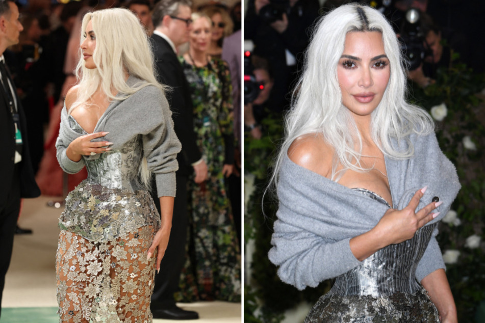 Kim Kardashian pulled up to the Met Gala on Monday night in a stunning silver gown with a "boyfriend sweater" draped on top.