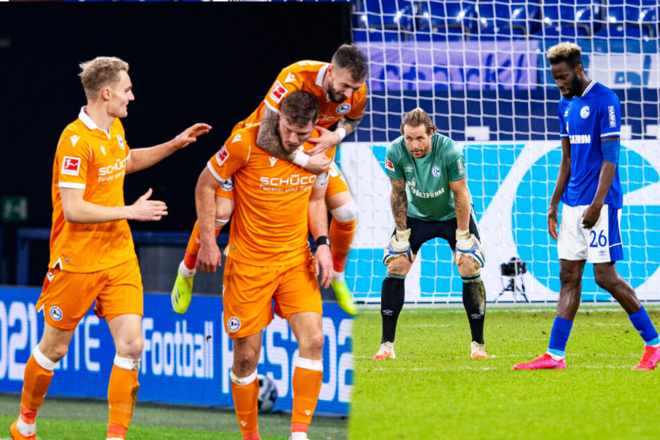 Fabian Klos (2.v.l.) fügte dem FC Schalke 04 um Keeper Ralf Fährmann (2.v.r.) und Innenverteidiger Salif Sané (r.) die nächste Niederlage zu.