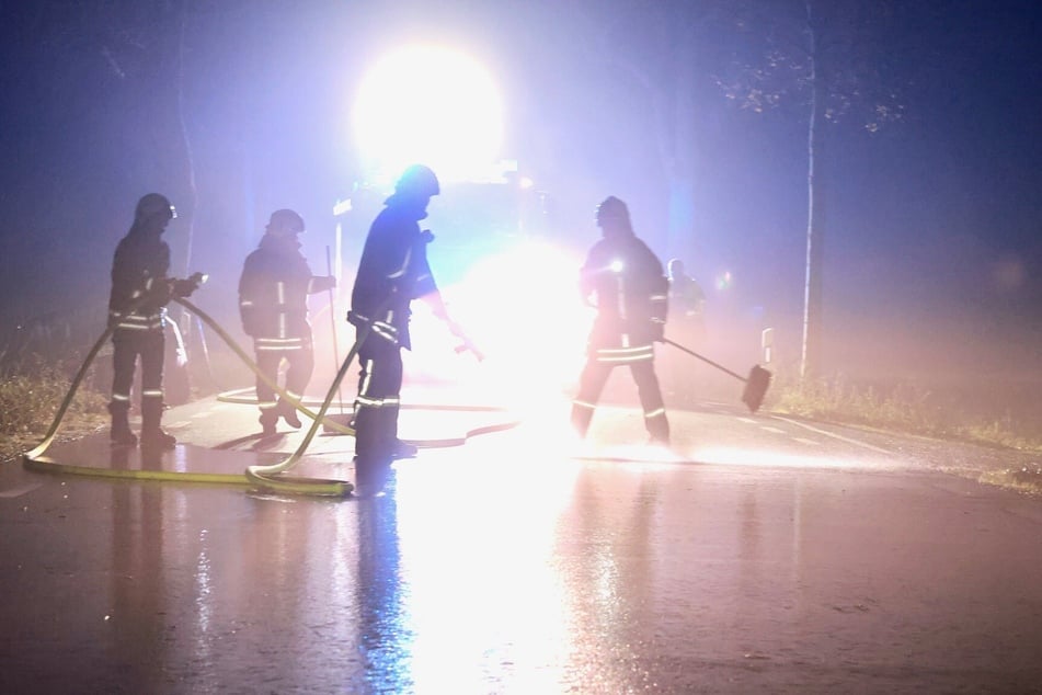 Die Fahrbahn war blutverschmiert. Die Feuerwehr kümmerte sich.