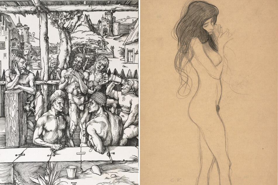 Der Holzschnitt "Das Männerbad" von Albrecht Dürer (l.) und "Die drei Grogonen" im "Beethovenfries" von Gustav Klimt.