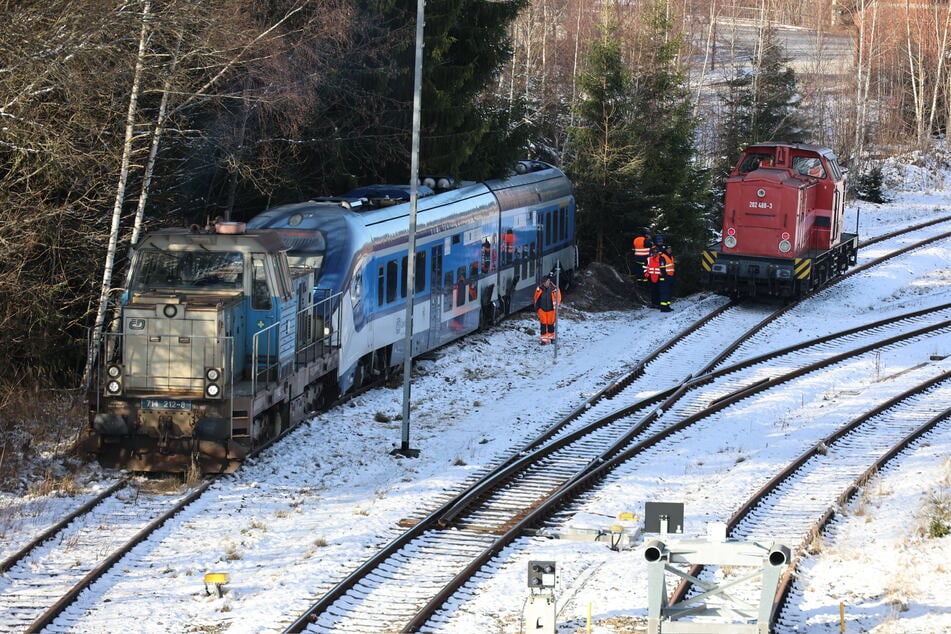 Eine Diesellok versuchte, den tonnenschweren Zug zurück aufs Gleis zu ziehen.