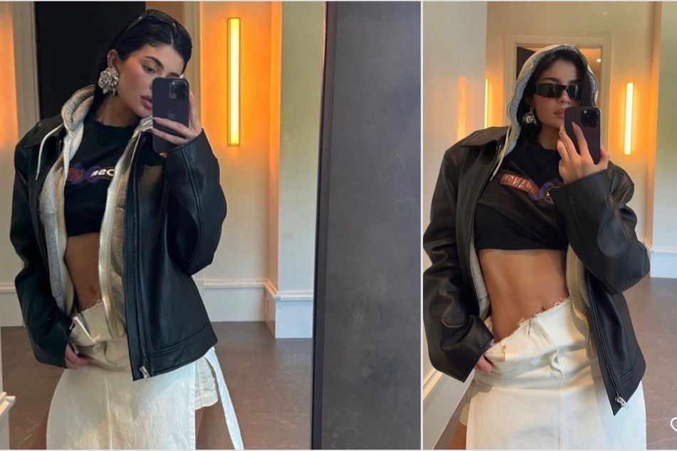 Kylie Jenner flaunts fit midriff in daring denim look