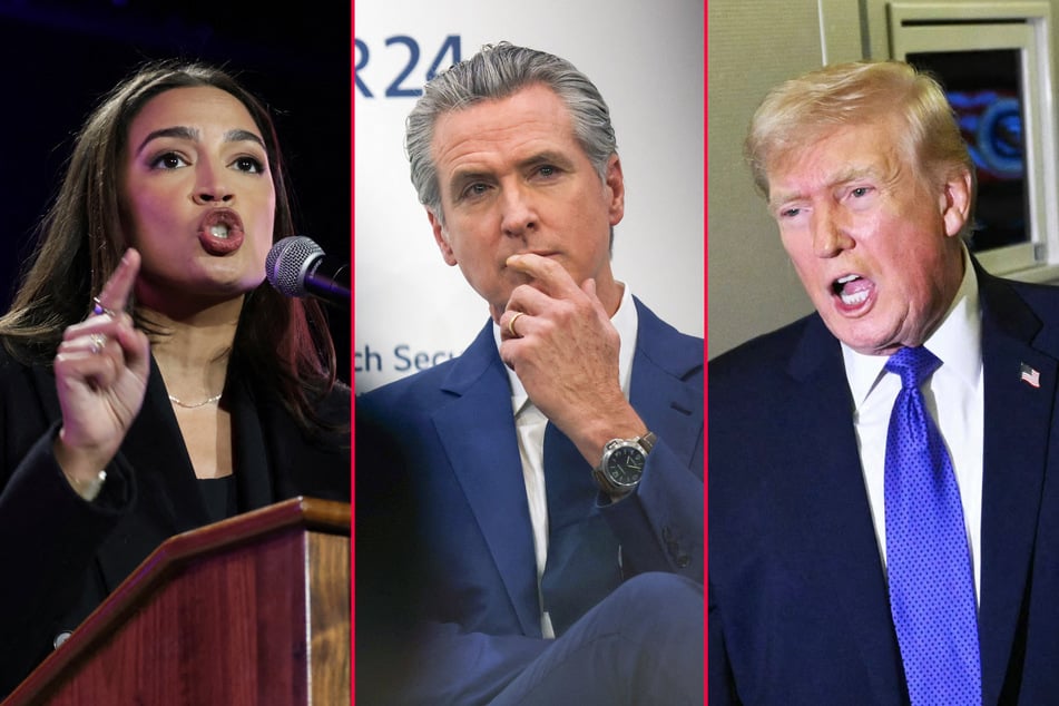 President Donald Trump (r) was angered by New York Congresswoman Alexandria Ocasio-Cortez (l) and California Governor Gavin Newsom's (c) MSC 2026 appearances.