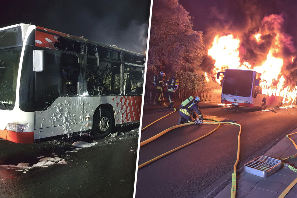 Flammen stoßen aus Gelenkbus: Feuerwehr mit Großaufgebot vor Ort