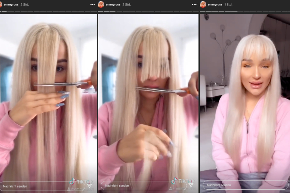Emmy Russ schneidet sich ihre langen Haare ab, um danach einen kurzen Pony zu tragen.
