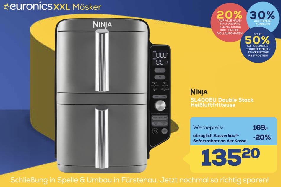 Ninja-Heißluftfritteuse SL400EU Double Stack für 135,20 statt 169 Euro.