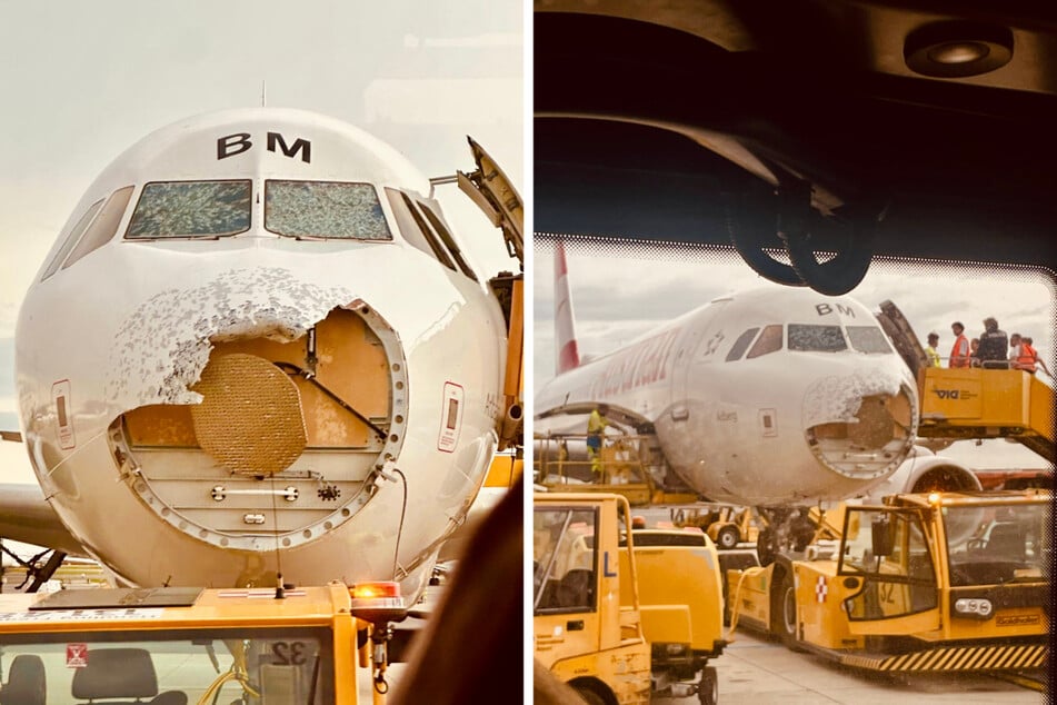 Der Radarkuppel und das Wetterradar an der Front des Airbus wurden durch den Hagel stark demoliert.