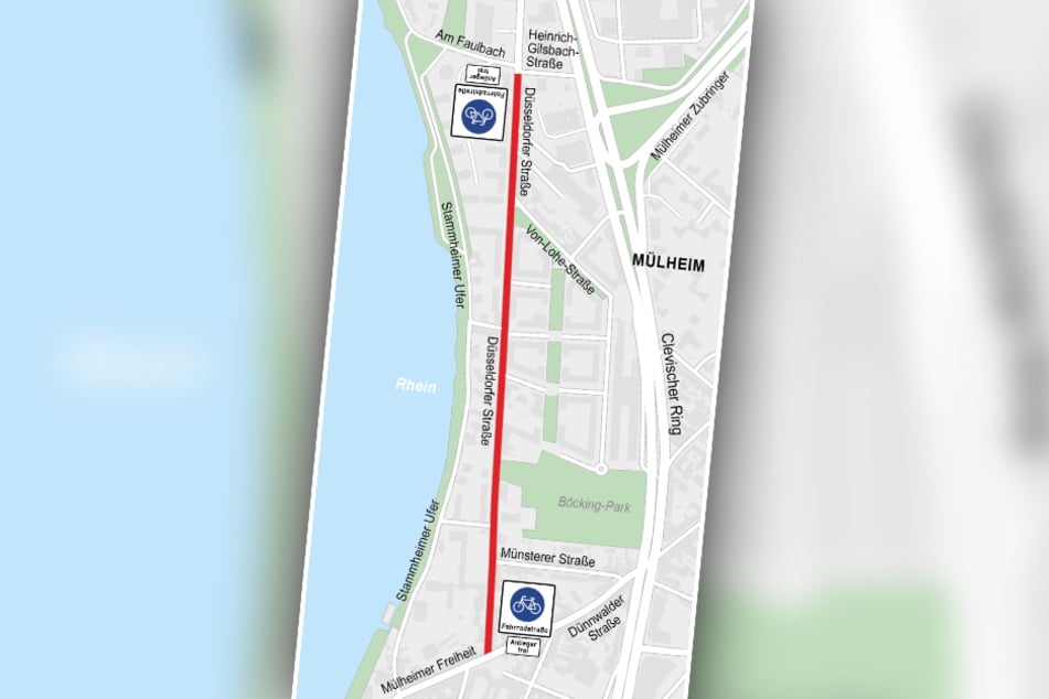 Die neue Fahrradstraße erstreckt sich zwischen der Mülheimer Freiheit und der Heinrich-Gilsbach-Straße.
