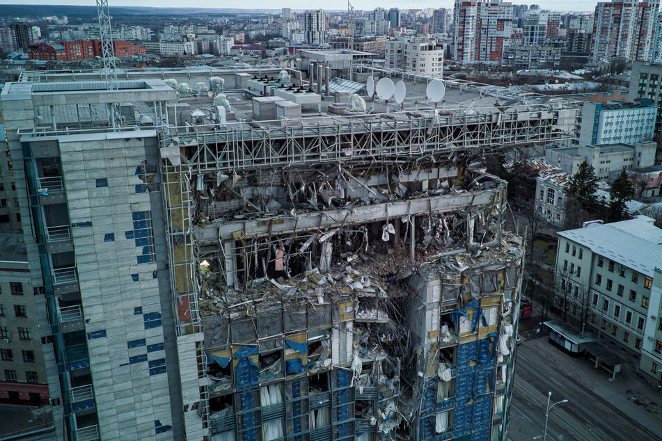 Russian retaliatory strikes severely damaged the Kharkiv Palace Hotel, among other buildings.