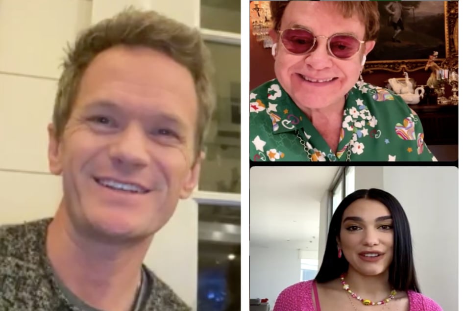 The event will be feature (clockwise from l) Neil Patrick Harris, Elton John, and Dua Lipa (collage).