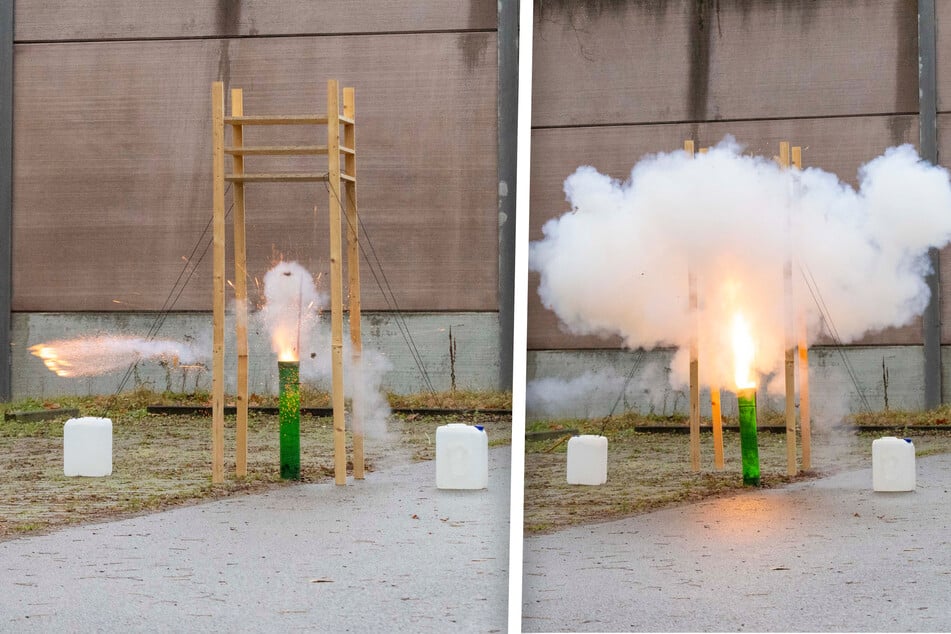 Unmittelbar nach der Zündung fliegt die Bombe bereits aus dem Rohr. Kugelbomben haben schon allein durch ihre Treibladung eine enorme Kraft.