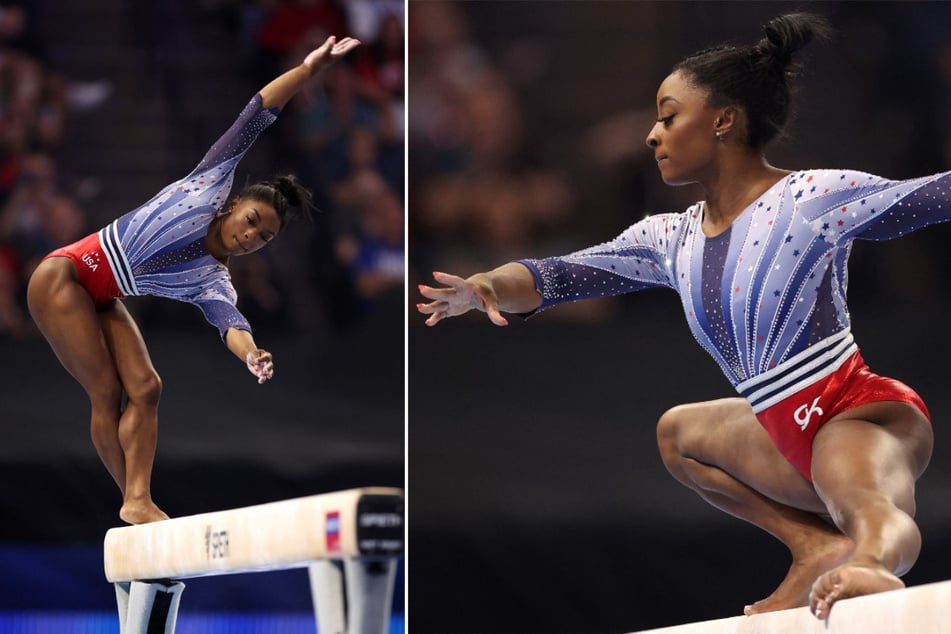 Simone Biles wobbles on her balance beam performance at the US gymnastics trials.