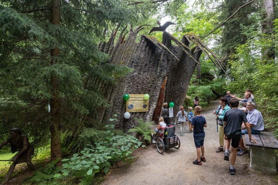Dieser Mammutbaum im Urzeitpark Sebnitz lädt kleine Archäologen zu Ausgrabungsarbeiten ein.