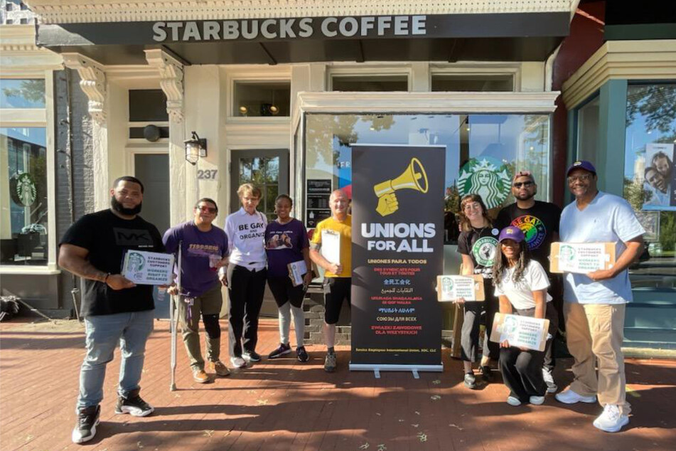 Labor leaders and allies join the Starbucks Workers United customer-led Day of Solidarity on September 14, 2023.