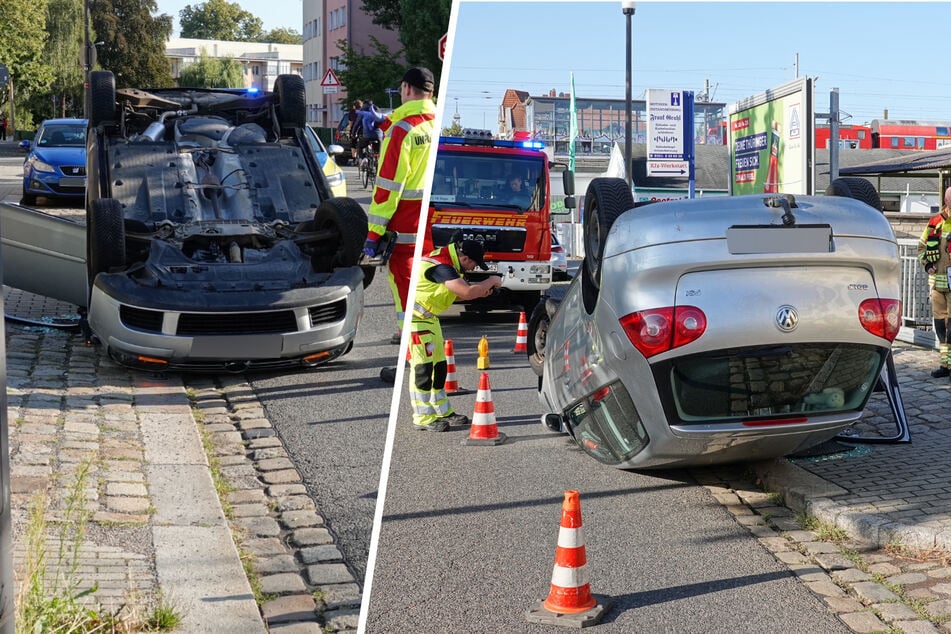 Bruchlandung am S-Bahnhof Trachau: VW liegt auf Dach