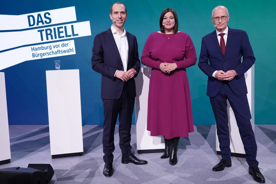 Peter Tschentscher (58, SPD, r.), Katharina Fegebank (47, Die Grünen) und Dennis Thering (40, CDU) treten am 27. Februar in einem weiteren TV-Triell gegeneinander an.