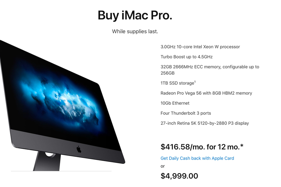 A screenshot of the Apple Store listing for the iMac Pro on March 9th: "While supplies last"