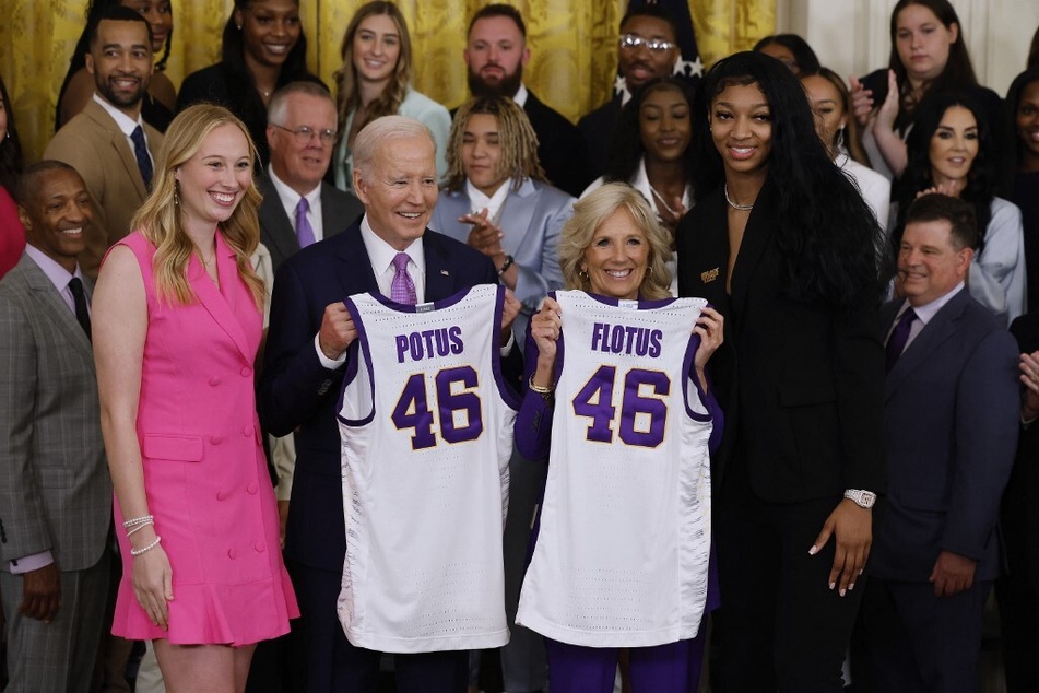 President Joe Biden (center l.) is going all in on South Carolina to become the next NCAA women's hoops champion.