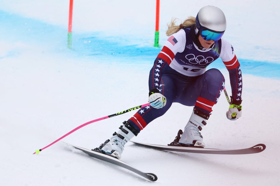 Lindsey Vonn of US in action during training at the 2026 Milano-Cortina Olympics.