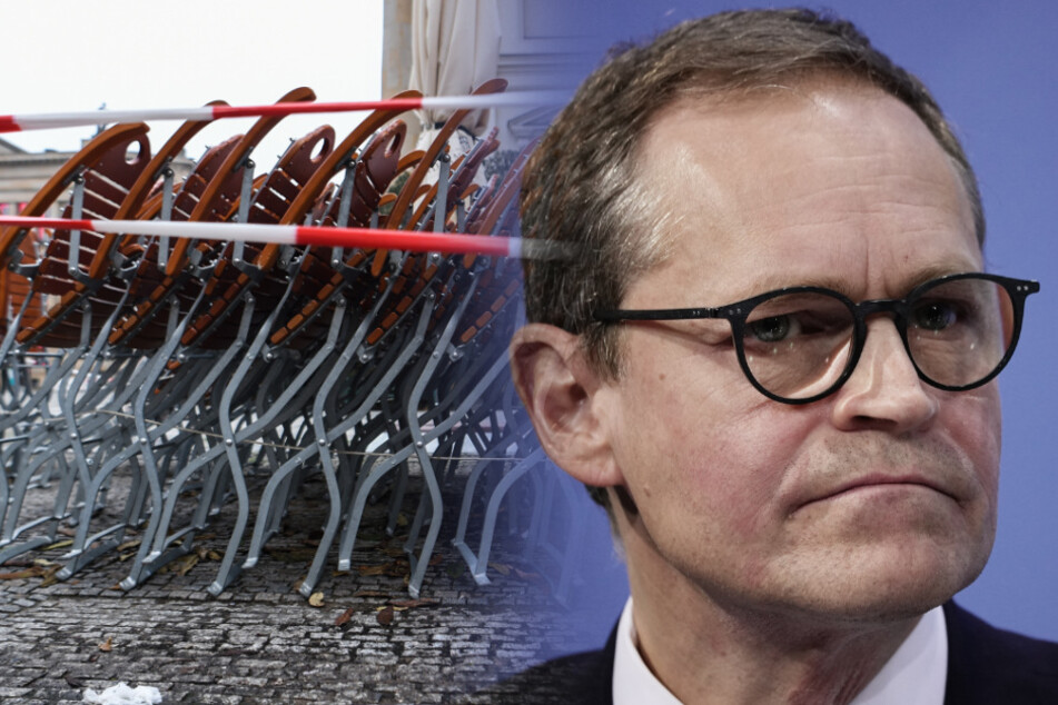 Auf dem Gendarmenmarkt in Berlin stehen zusammengestapelte Stühle hinter einem Absperrband. Michael Müller ist trotz des verlängerten Lockdowns zuversichtlich. (Bildmontage)