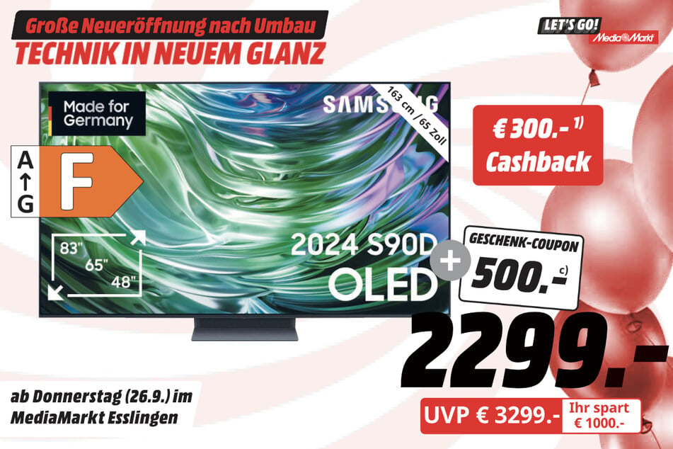 65-Zoll Samsung-Fernseher für 2.299 Euro PLUS 500-Euro-Coupon.