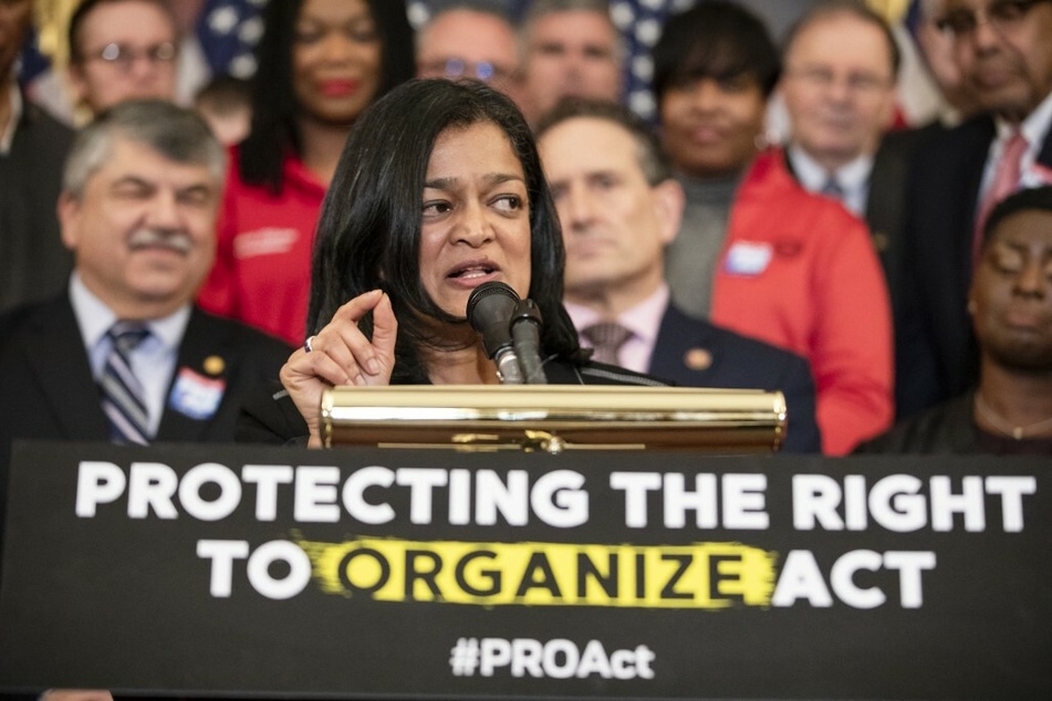 Congressional Progressive Caucus Chair Pramila Jayapal speaks at a press conference in support of the PRO Act.