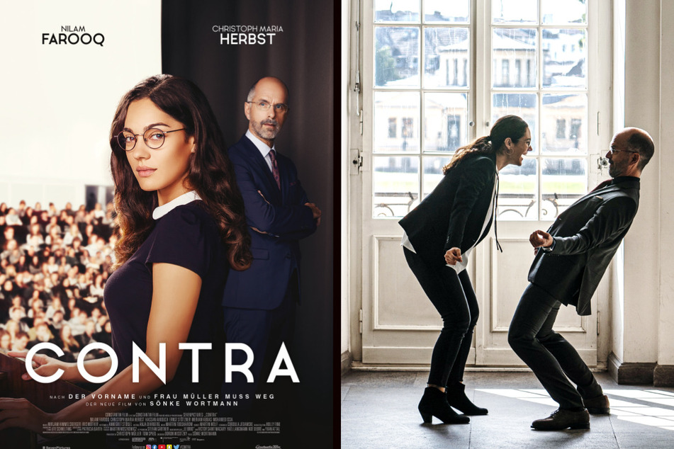 Filmplakat und eine Szene aus "Contra" mit Christoph Maria Herbst (55) und Nilam Farooq (32).