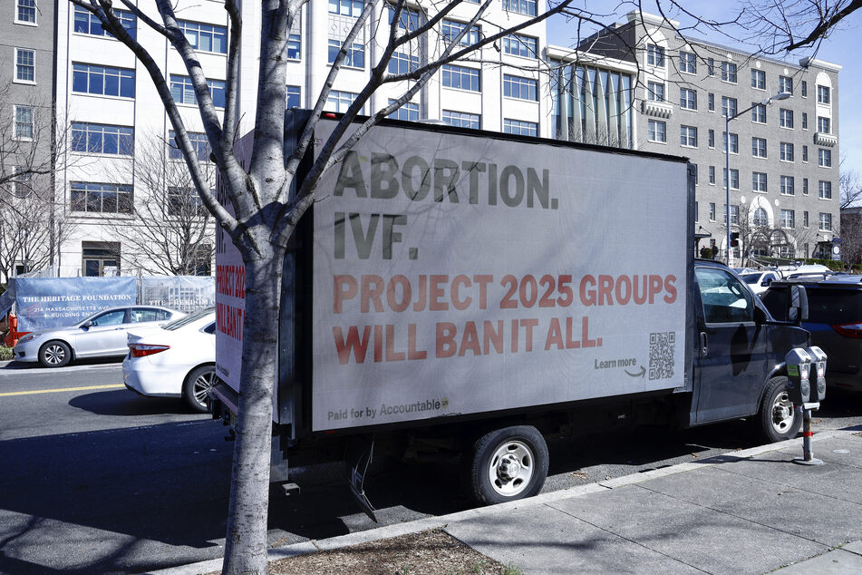 Government watchdog Accountable.US launches its "Expose Project 2025" campaign on the streets of Washington on March 01, 2024 in Washington, DC.