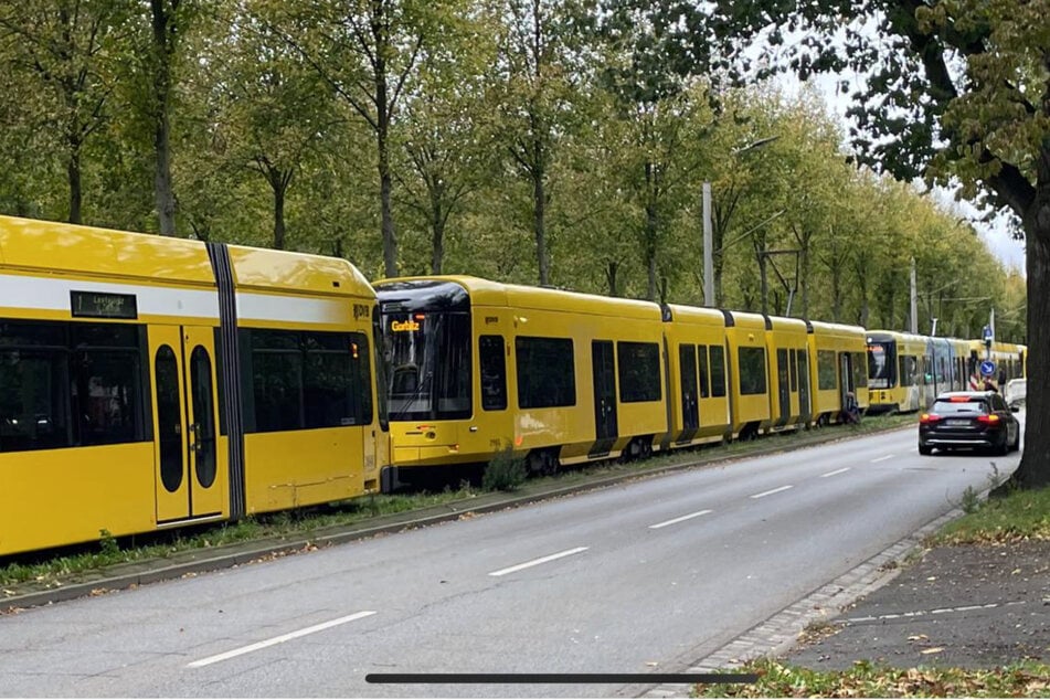 An der Haltestelle Lipsiusstraße bildete sich infolge des Unfalls ein langer Tram-Stau.