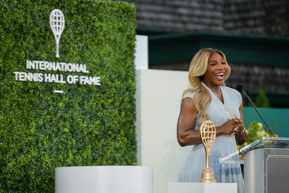 Serena Williams introduces Maria Sharapova during the 2025 Induction Celebration weekend at the International Tennis Hall of Fame in Newport, Rhode Island, on August 23, 2025.