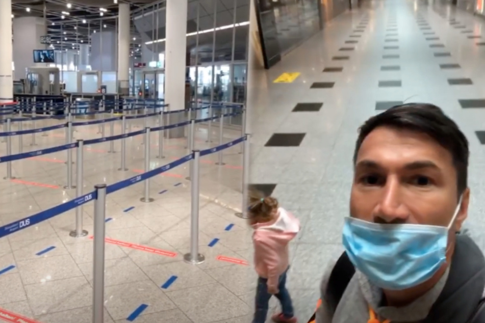 Lucas Cordalis (52) und Tochter Sophia (4) am praktisch wie ausgestorbenen Flughafen Düsseldorf. (Fotomontage)