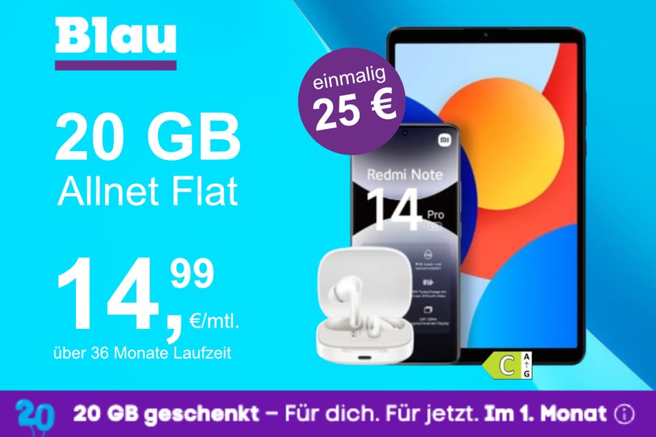Das Xiaomi Redmi Note 14 Pro + Pad SE + Buds 6 im Blau Allnet M für einmalig 25 Euro.