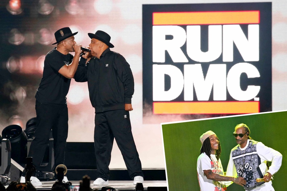 Joseph Simmons (r.) and Darryl McDaniels of Run DMC performed at the Hip-Hop 50 Live concert at Yankee Stadium on Friday, alongside Snoop Dogg (inset l.) and Wiz Khalifa, marking the 50th anniversary of the birth of hip hop.