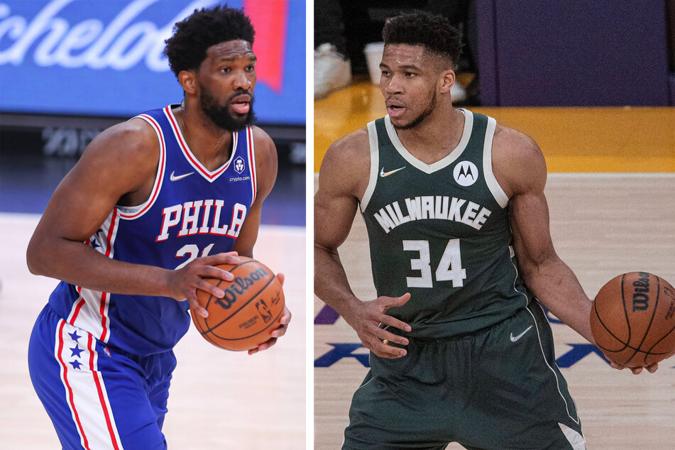 76ers center Joel Embiid (l.) scored 42 points against the Milwaukee Bucks, whose star, Giannis Antetokounmpo (r.), put up 32 points.