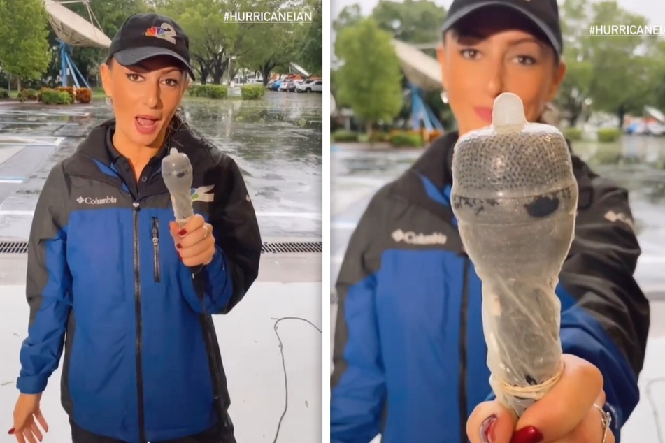Um ihr Equipment zu schützen, zog die Reporterin ihrem Mikrofon ein Kondom über.