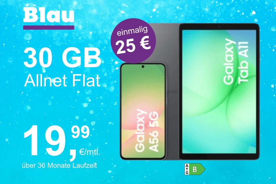 Das Samsung Galaxy A56 + Tab A11 im Blau Allnet L für einmalig 25 Euro.