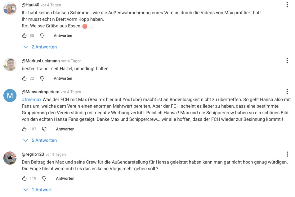 Auf Hansas YouTube-Kanal häuft sich unter mehreren Videos die Empörung auf das Filmverbot von "realmx".