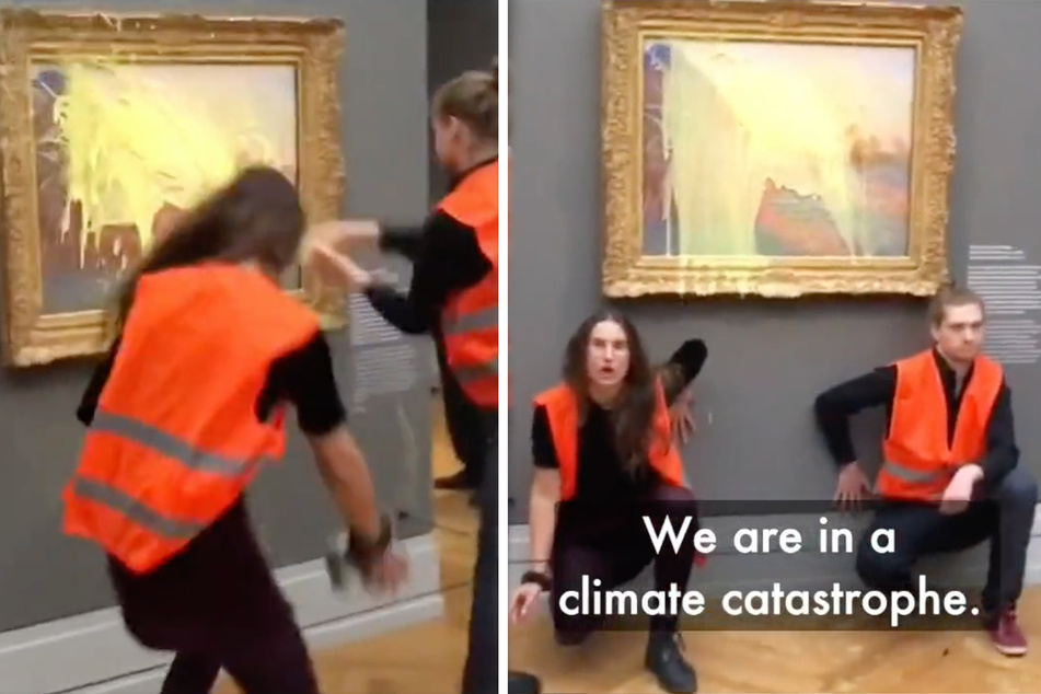 Two Last Generation activists throw mashed potatoes on a painting by Claude Monet at the Museum Barberini in Potsdam, Germany.