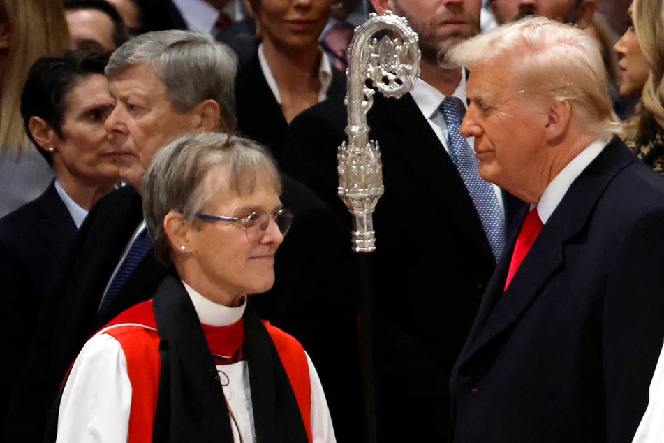 Donald Trump (r.) was forced Tuesday to sit through a sermon by a bishop begging him to have "mercy" on the LGBTQ+ community and poor immigrants.