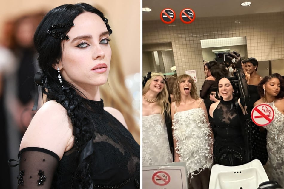 Billie Eilish (l) shared a bathroom selfie from the 2023 Met Gala on her Instagram story.