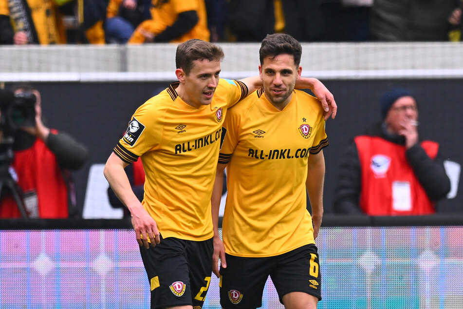 Niklas Hauptmann (26, l.) und Ahmet Arslan (29, r.) wollen mit Dynamo Dresden den Aufstieg erreichen.